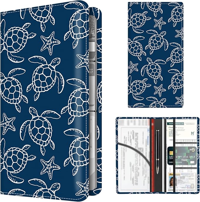 Premium Car Registration and Insurance Card Holder, Cute PU Leather Car Document Holder, Vehicle Glove Box Car Organizer with Magnetic Closure for Driver License, Cards Navy Turtle Starfish