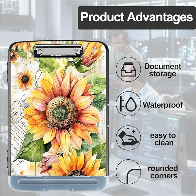 Pattern Design Clipboard with Storage - Heavy Duty Legal Size Clipboard, Ideal for Teachers, Nurses, Office Workers, Contractors, and Kids - 9.5 x 14.2 Inch (Painting Sunflower)