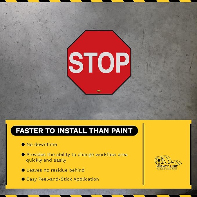 Mighty Line Stop Floor Sign Sticker for Safety, Warning, Heavy-Duty, Peel and Stick, Adhesive, Industrial Quality, 12"