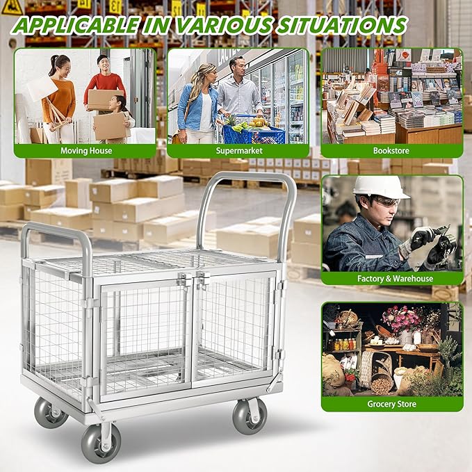 Platform Truck Cart with Cage 2-Door Design 7 in 1 Mutipurpose Handcart with 5" Wheel 39"x25" Large Uitility Cart, Mesh Plate w/Removalble Fence 6-Side, Load 2000lbs for Grocery/Laundry/Stall/Storage