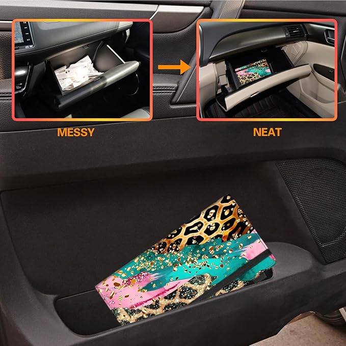 Car Registration and Insurance Holder,Leather Vehicle Glove Box Organizer Wallet for Document,Perfect for any Car,Truck,Motorcycle,Driver License,Trailer or Boat,Men & Women,Colorful Leopard Print