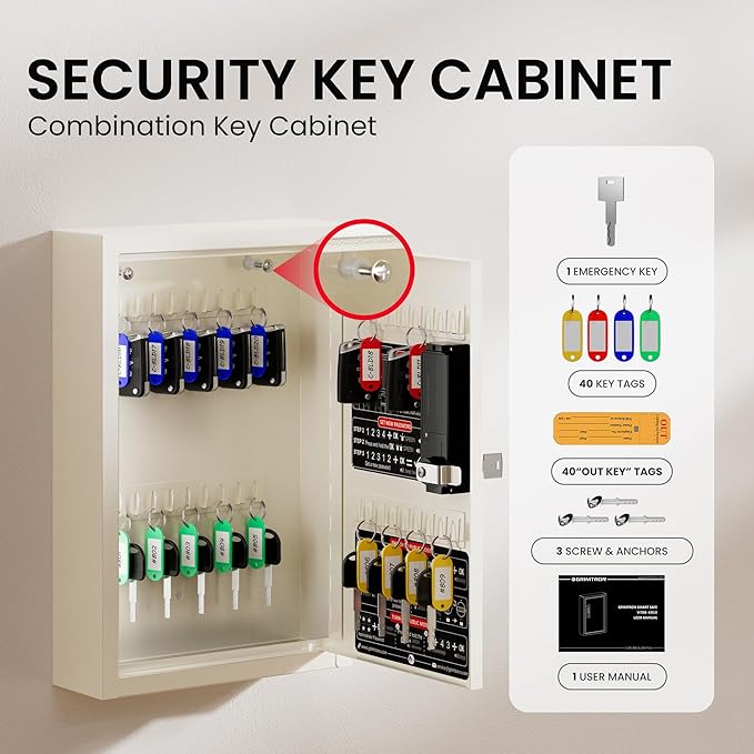 Grimtron 40 Keys Electronic Key Lock Box for Keys with Code, Private/Public/Password Hiding Mode Beige Key Cabinet Wall Mount for Garage/Property Management Key Storage