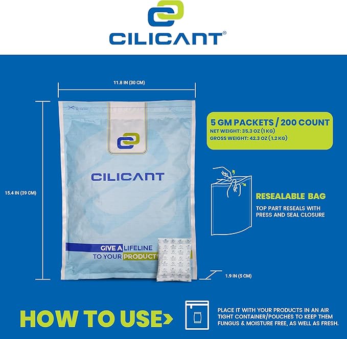 CILICAnt 5-gram Desiccant Pouches, 200 pcs Pack, Food Grade Moisture Absorbers Ideal for Packaging of Shoes, Jewelry, Leather, Clothes or Electronics, Cars - for Home or Commercial Use