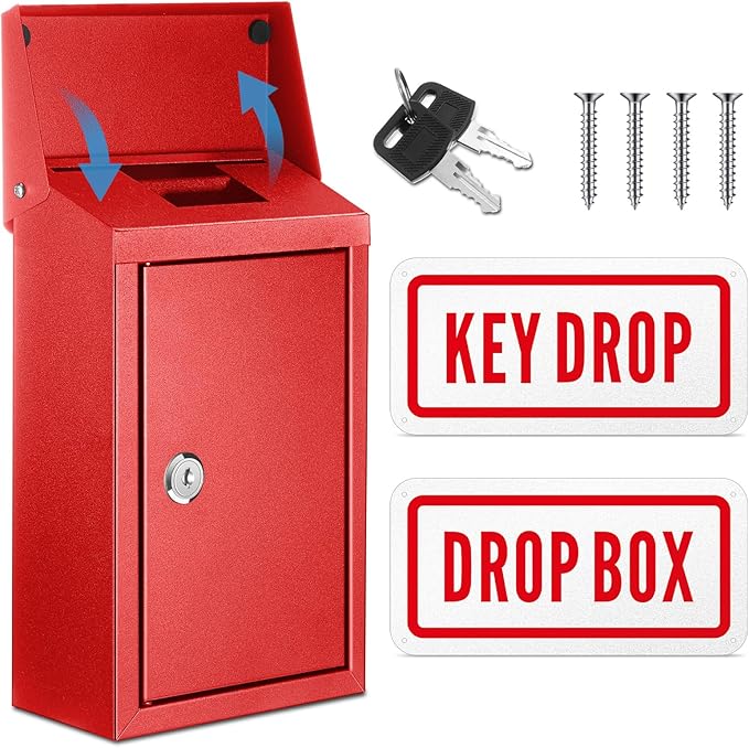 Metal Mount Wall Donation Box Key Lock Money Cash Drop Box with Top Slot and 2 Pcs Reflective Sign 10 x 5.5 x 3 Inch Safe Lock Mailbox with 2 Keys for Outside Office Business Home(Red)