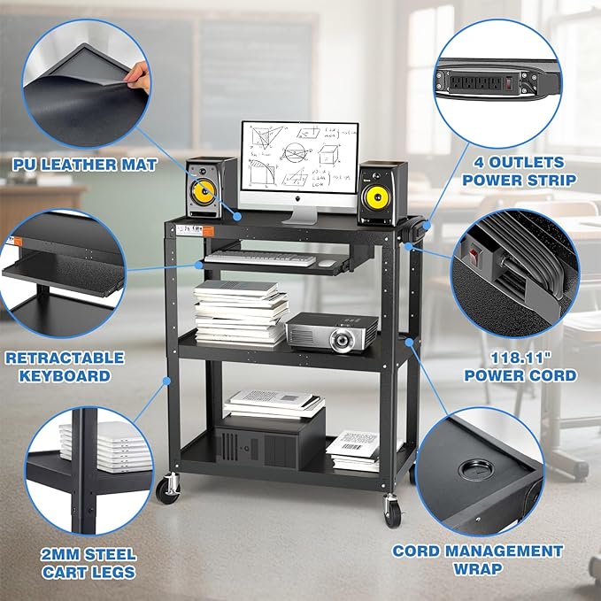 Extra Large Rolling Computer Cart with Power Strip - 3 Tier Steel Utility AV Cart with Wheels - Height Adjustable Mobile Workstation Media Carts for Presentation Office Classroom, 34" x 18" x 42"
