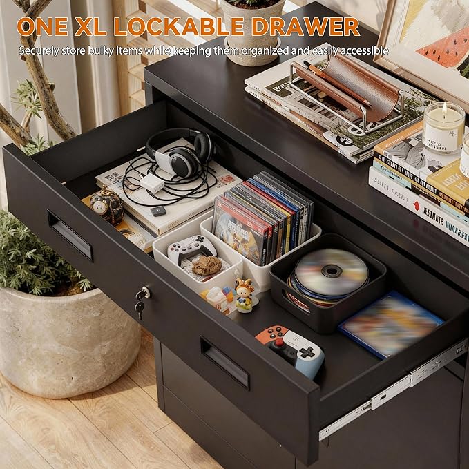 BESFUR Metal Storage Cabinet with Lockable Drawer and 2 Lockable Doors, 36"H Black Metal Cabinet with Adjustable Shelf, Locking Storage Cabinet for Home Office, Garage,School, Warehouse, Utility Room