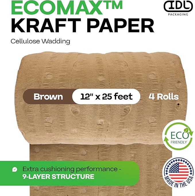 IDL Packaging 12" x 25' EcoMax™ Kraft Paper Cellulose Wadding (4 Rolls) - Cushioning Wrapping and Box Void Filling - Soft and Gentle Packing for Shipping, Moving, and Storing Fragile Items