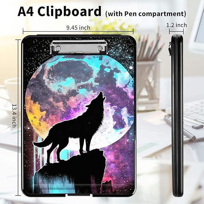 A4 Clipboards,Heavy Duty Waterproof Nursing Plastic Folder Clipboard with Storage Clip Boards,File Folder Storage Box Clipboard Case for Teacher,Doctor,Offices,Galaxy Wolf