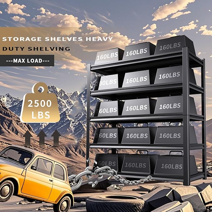 2 Pack Garage Shelving Heavy Duty Storage Shelves 2500LBS Adjustable Garage Shelves 5 Tier Metal Shelving Unit Utility Rack Shelf for Storage Kitchen Warehouse Pantry, Black 72 "H x 36 "W x 16" D