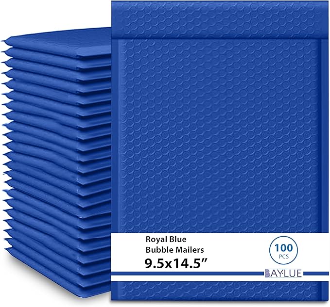 Royal Blue 9.5x14.5 Inch Poly Bubble Mailers #4 | Self Seal Large Padded Envelopes | Air Cushioned Bubble Mailer | Usable Size 9.5x13 Inch Waterproof Lightweight Mailing Shipping Bags | 100 Pack Bulk