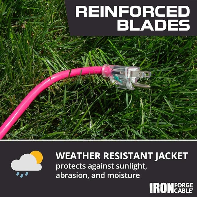 Iron Forge Cable Weatherproof 15 Ft Outdoor Extension Cord - 16/3 SJTW 13 Amp Heavy Duty Neon Pink Extension Cord 3 Prong - Lighted End