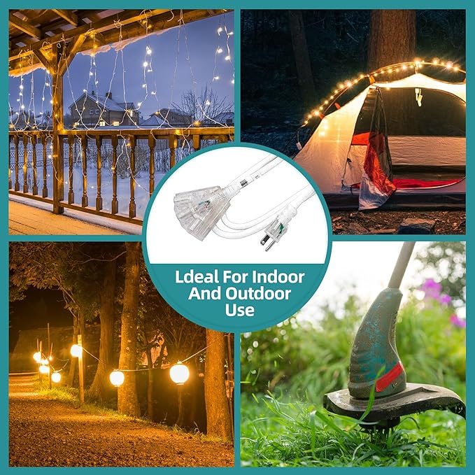3-Outlets Indoor Outdoor Extension Cord Weatherproof with Lighted End, UL Listed, 14 Gauge 15FT White 3 Prong Heavy Duty, 14/3 SJTW 15A Power Cord