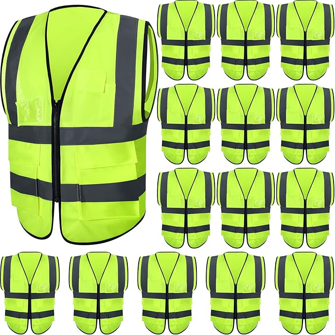 JaGely 15 Pack Reflective Safety Vests with Pockets and Zipper Construction Work High Visibility Vest for Men Women(Large,Fluorescent Green)