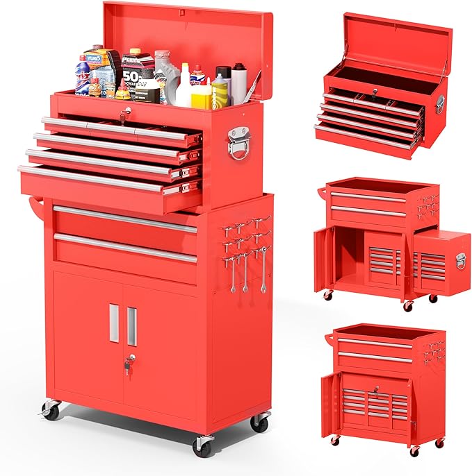 Greenvelly 8-Drawer Rolling Tool Chest, Metal Tool Chest with Wheels, Tool Cabinet with Detachable Top Tool Box, Metal Tool Cart with Liner & Hooks for Garage, Workshop, Warehouse (Red)