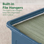 IRIS USA File Box Plastic File Organizer for Letter/Legal File, Document Box, Durable Storage Bin Tote with Secure Latching Lid, Stackable, BPA-Free, Eco Friendly, Sustainable, Navy/Gray 35 Qt. 4 Pack