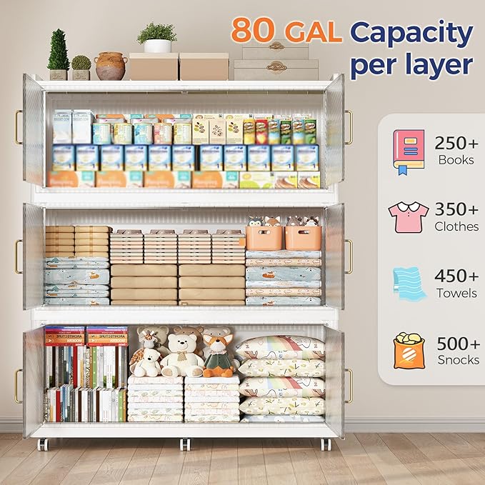 240Gal Extra Large Stackable Storage Bins with Lid, 960Qt Collapsible Storage Box with Wheels, Closet Organizers and Storage Cabinet Container for Home, Kitchen, Office, Bedroom, 3Pack White