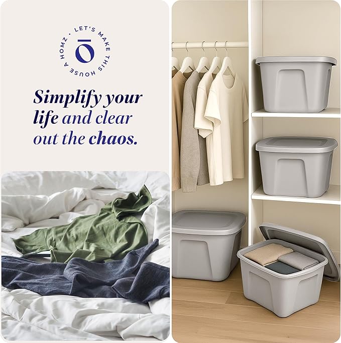 HOMZ 8-Pack Durable Molded Bin, Plastic Storage Containers with Lids, 10 Gallon, Silver - Stackable Organizer Totes and Boxes for Bedroom, Kitchen, and Garage Organization