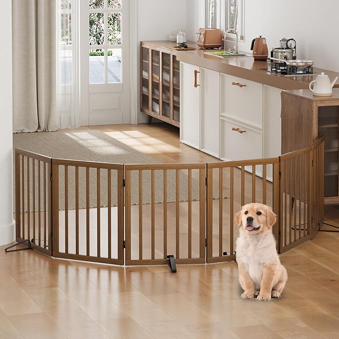 Freestanding Foldable Dog Gate - Indoor Pet Gate with Metal Support Feet, Room Divider 6 Panels (Walnut)