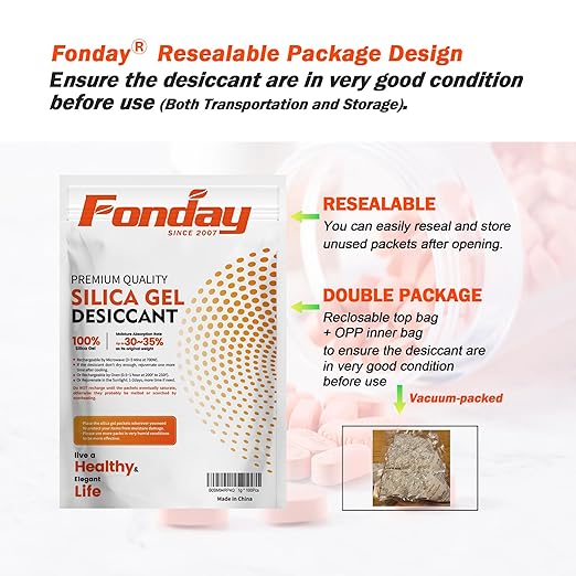 50g x 20 packs Fonday Rechargeable Silica Gel Desiccant Packets Fast Reactivate Desiccant Bags Moisture Absorbers for Storage Bins, Suitcase, Safe, 3D Filaments, Electronics