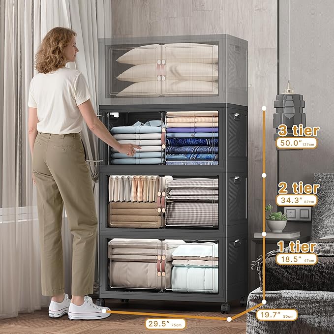 Extra Large Stackable Storage Bins with Lids & Wheels, Foldable Plastic Storage Bins (Dark, 504QT-168QT/42GAL*3Pack)