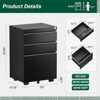 Superday File Cabinet 3 Drawer, Metal Rolling Vertical Filing Cabinet with Wheels, Small Under Desk File Cabinets for Home Office (Black)