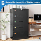 5 Drawer File Cabinet, Lateral Filing Cabinets for Home Office, Office Storage Drawers with Lock, Hanging Files Legal/Letter A4 Size (Assemble Required,Black)