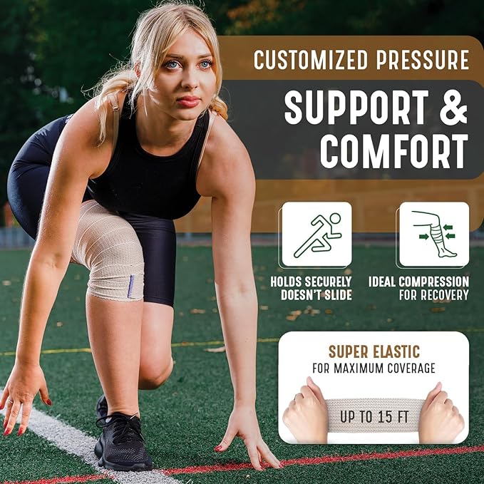Premium Elastic Bandage Wrap (6” Wide, 4 Pack) - Nexskin Latex Free Athletic/Medical Compression Bandages Hook & Loop Fasteners at Both Ends - Lifetime Washable & Reusable Bandages