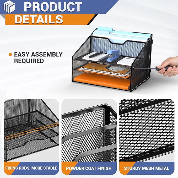 Letter Tray Organizer, Mesh Desk File Organizer with 3 Paper Trays and 2 Vertical Upright Section (Silver)