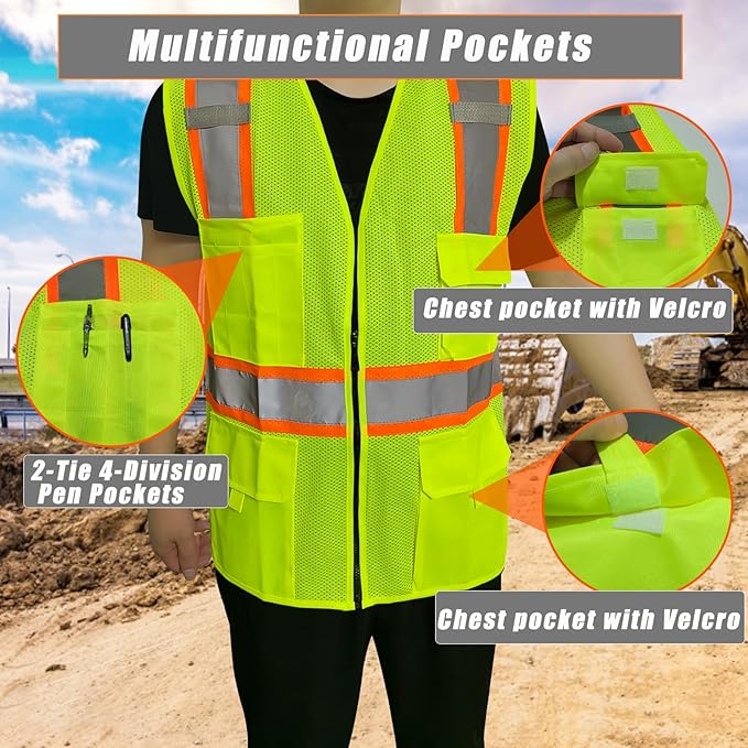 BeautyWill Custom Safety Vest Customized Logo Class 2 High Visibility Reflective Vest with Pockets Construction workwear