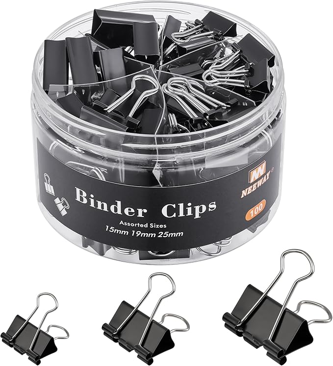 NEEWAY 100 Count Binder Clips Assorted Sizes, Paper Binder Clips (0.6inch 0.75inch 1inch), Metal Paper Clamps for Office and Home, Black