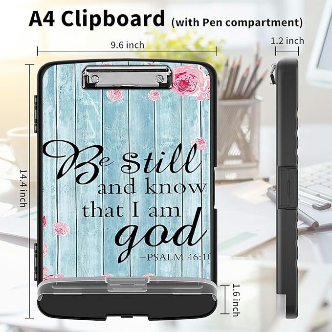 Clipboard with Storage High Capacity Plastic Nursing Clipboards with Pen Holder File Folder Storage Box Clipboard with Heavy Duty Clips for Teacher,Doctor,Offices-Psalm 46-10 Be Still