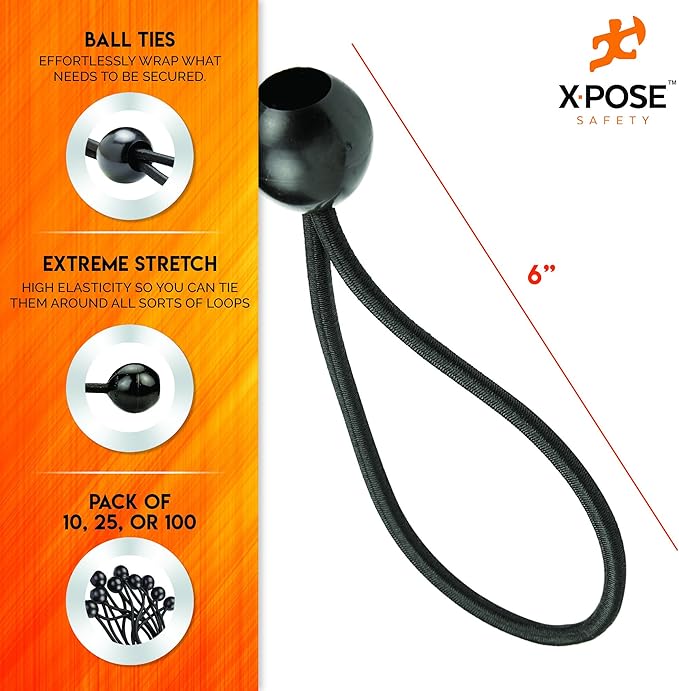 Xpose Safety Bungee Ball Cords 6" 25 Pack Heavy Duty Black Stretch Rope with Ball Ties for Canopies, Tarps, Walls, Cable Organization