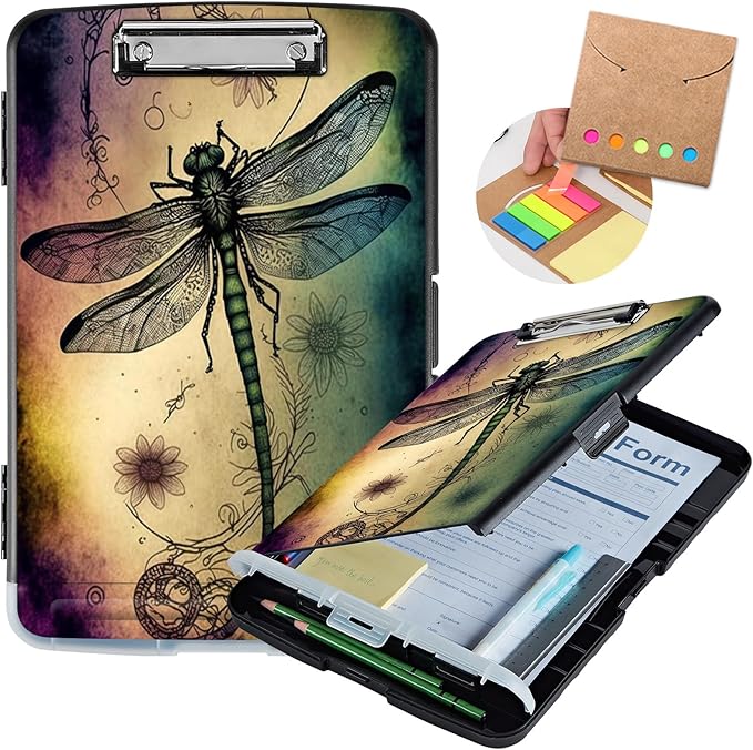 Clipboard with Storage,Heavy Duty Plastic Storage Clipboard with Low Profile Clip,Teacher Must Haves,Office Supplies,Dragonfly Sunflower