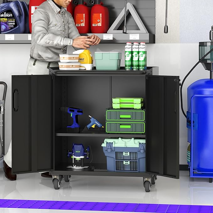 Metal Garage Storage Cabinet on Wheels, Lockable Rolling Tool Cabinet with Doors and Shelves, Heavy Duty Mobile Steel Cabinet for Garage Warehouse Workshop