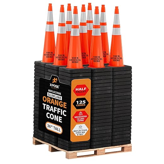 Xpose Safety 36 Inch Orange Slim Line Traffic Cones Heavy Duty 12lb, 6" & 4" Collar - Bulk Half Pallet 125 Pack - Multipurpose PVC Plastic Safety Cone Parking, Caution & Construction - DOT Approved