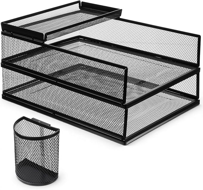 Black Metal Letter Tray Set, 3 Pcs Mesh Office Desk Drawer Organizer Tray with 1 Pcs Black Wire Mesh Pencil Cup Holder, Front Load File Paper Holder for Desk Office(Pack 4)