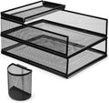 Black Metal Letter Tray Set, 3 Pcs Mesh Office Desk Drawer Organizer Tray with 1 Pcs Black Wire Mesh Pencil Cup Holder, Front Load File Paper Holder for Desk Office(Pack 4)