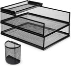 Black Metal Letter Tray Set, 3 Pcs Mesh Office Desk Drawer Organizer Tray with 1 Pcs Black Wire Mesh Pencil Cup Holder, Front Load File Paper Holder for Desk Office(Pack 4)