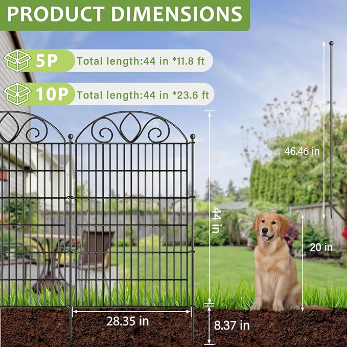 10 Panels No Dig Tall Garden Fence with Gate – 44" H X 23.6' L Rustproof Metal Dog Fence Outdoor for Yard, Decorative Animal Barrier Fence for Pet, Garden Border, Patio, Flower | Temporary Fencing