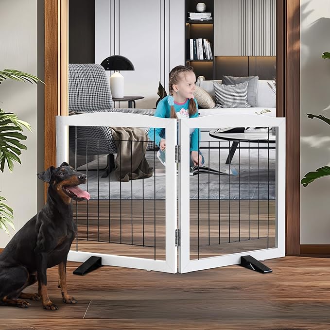 Dog Fence Indoor - 2-Panel Freestanding Dog Gate for Doorways, Hallways, House or Stairs -40x24-Inch Retractable Foldable Expandable Wood Pet by SFJC (White) ﻿
