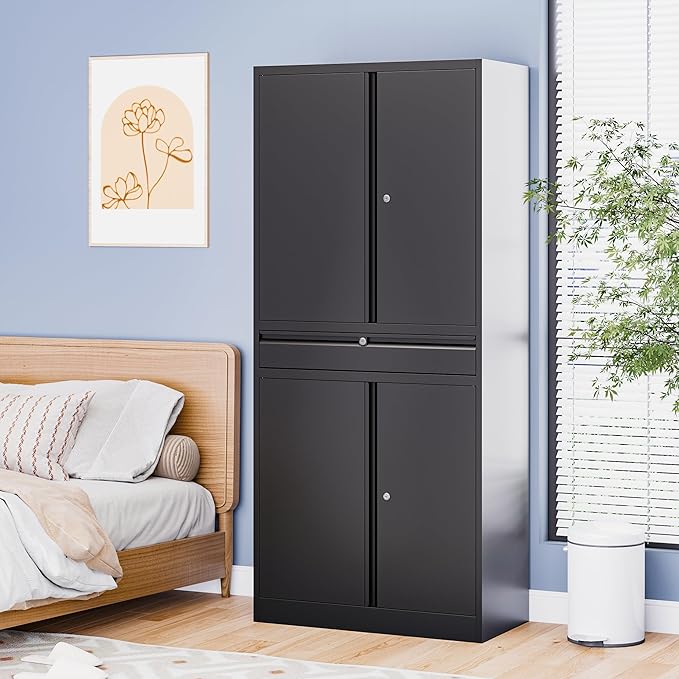 Metal Storage Cabinet with with Drawer, Garage Storage Cabinet with Locking Doors and Adjustable Shelves for Garage, Home Office,Warehouse (Black)
