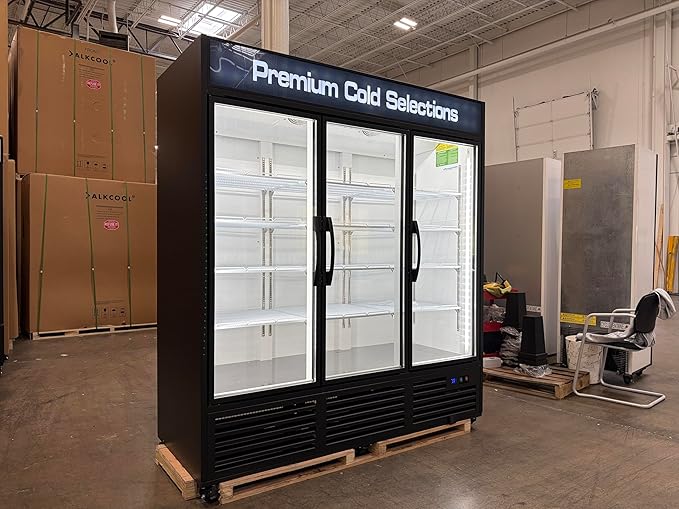 71” Wide Commercial Beverage Refrigerator Display Fridge, Three Glass Door Stainless Steel Merchandiser Drink Cooler With LED Light Adjustable Shelves,ETL Sanitation,63.5 Cu Ft,Black,(Wheels Included)