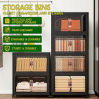 Storage Bins with Lids and Wheels, 199QT-99.5QT*2Tier Collapsible Bathroom Storage Cabinet with Clear Doors, Plastic Stackable Closet Organizers and Containers Black