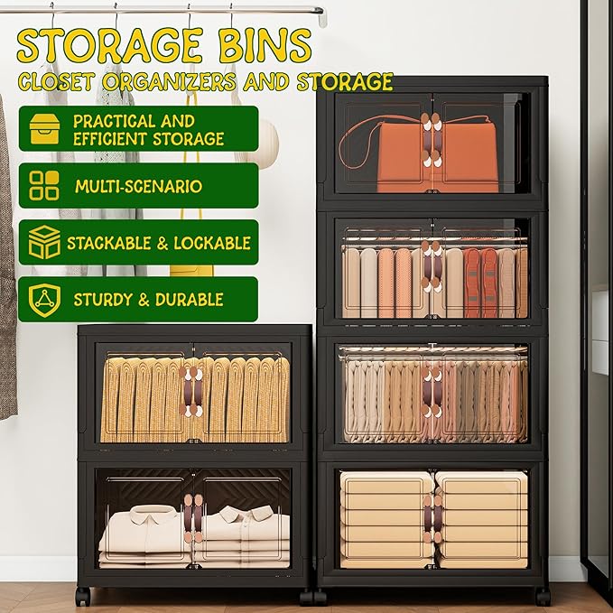 Storage Bins with Lids and Wheels, 199QT-99.5QT*2Tier Collapsible Bathroom Storage Cabinet with Clear Doors, Plastic Stackable Closet Organizers and Containers Black