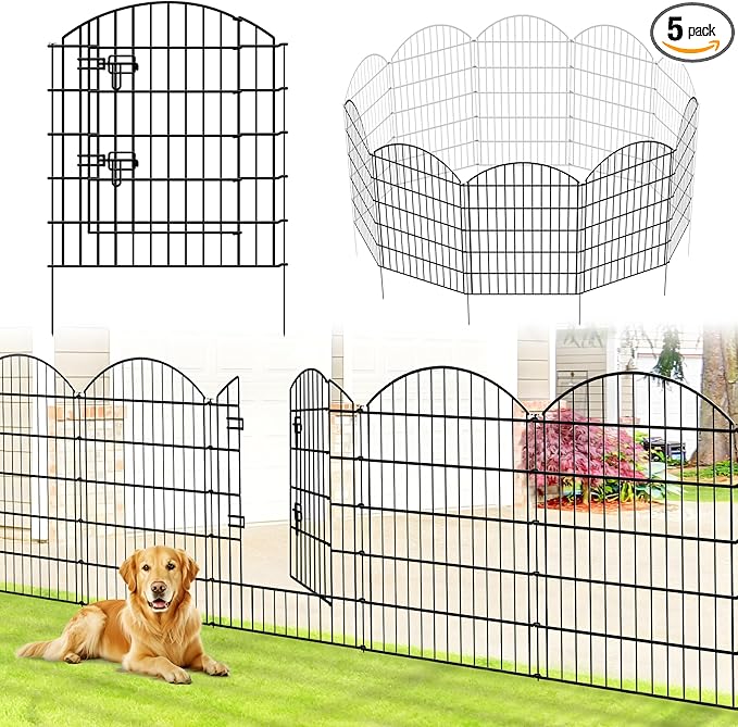 Metal Garden Fence 32 in H x 28 in W 5 Panels (4 Panels + 1 Gate) Total Length 11.6 ft, No Need Dig Rustproof Animal Barrier Fencing Border Fence for Dog, Patio,Yard, Landscape, Flower Bed