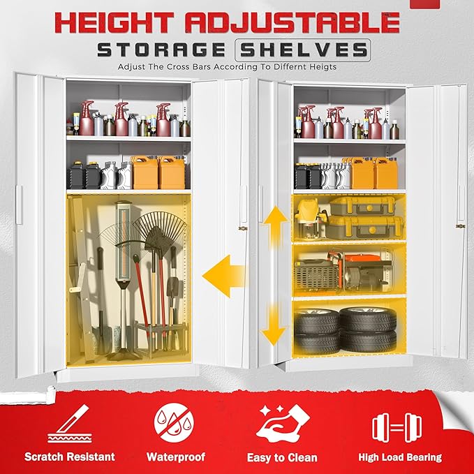 Superday Metal Garage Storage Cabinet with Lock, 71" H Lockable Storage Cabinets with Doors and 4 Adjustable Shelves, Locking Cabinet for Office, Home, Garage, Gym, School (White)