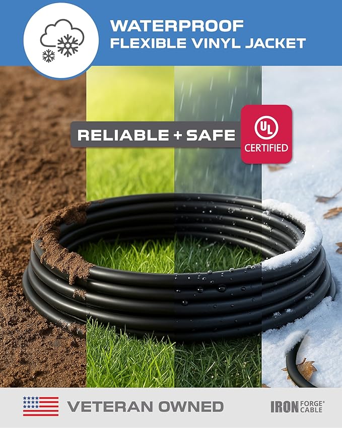 Iron Forge Cable 50 Ft Black Extension Cord with 3 Outlets - 16/3 SJTW 50 Foot Extension Cord 3 Prong, Weatherproof Exterior Power Cable for Outdoor