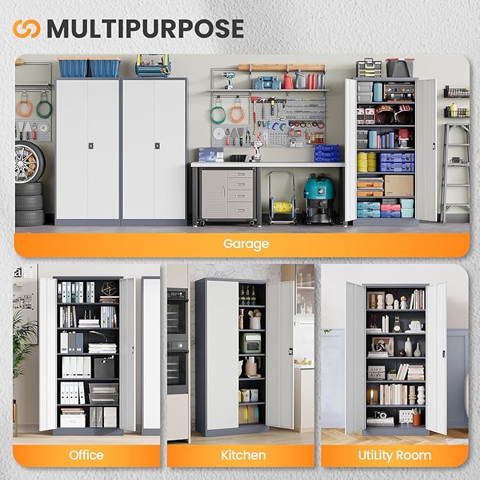 Metal Garage Storage Cabinets with Lock, 72" Tall Tool Cabinet with 2 Door and 5 Adjustable Shelves, Locking Garage Cabinets and Lockable Steel Locker for Home Office Warehouse-(Gray White-72”H)