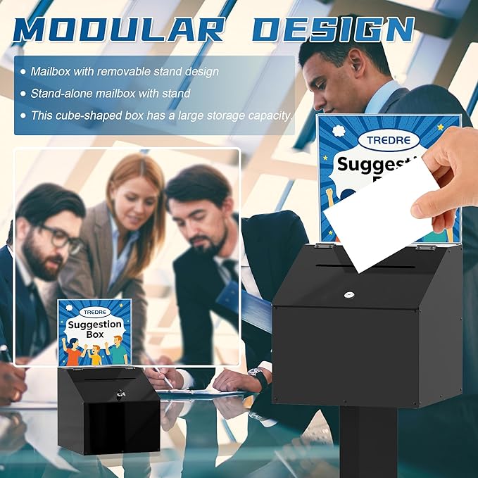 MOOFI Large Capacity Acrylic Suggestion Box with Lock, Sign Holder, Donation Stand, Offering/Ballot /Raffle Box on Stand with Wheels, 13.8 in Cube (39.6 in Tall) - Can Use With & Without Stand Black