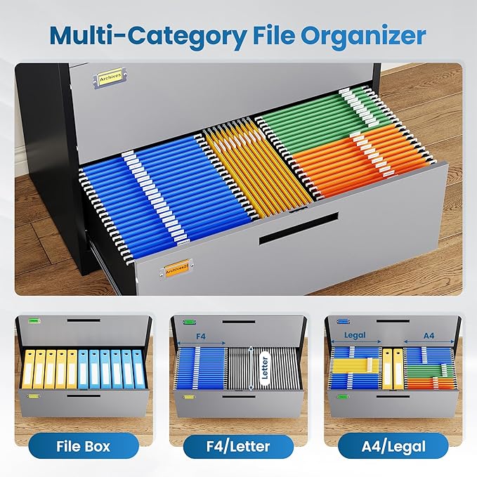 3 Drawer File Cabinet, Lateral Filing Cabinets for Home Office, Office Storage Drawers with Lock, Hanging Files Legal/Letter A4 Size (Assemble Required,Black Grey)